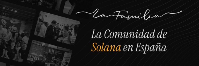 A promotional graphic for 'La Familia - La Comunidad de Solana en España' featuring text on a black background with images of community gatherings.