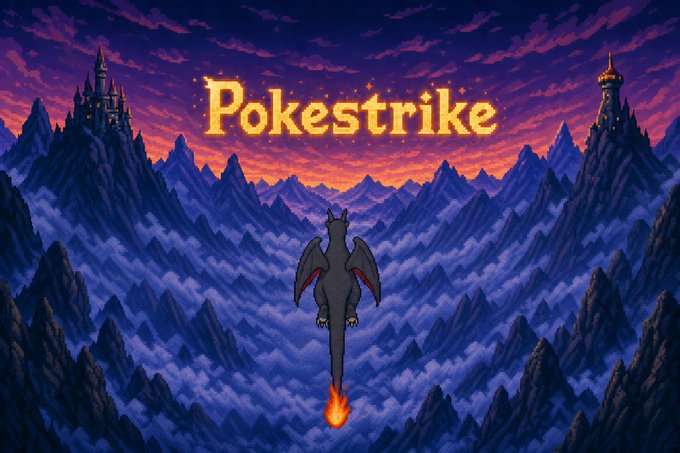 A pixel art-style digital illustration features a dragon flying over a mountainous landscape at sunset, with the title 'Pokestrike' displayed in glowing orange text.