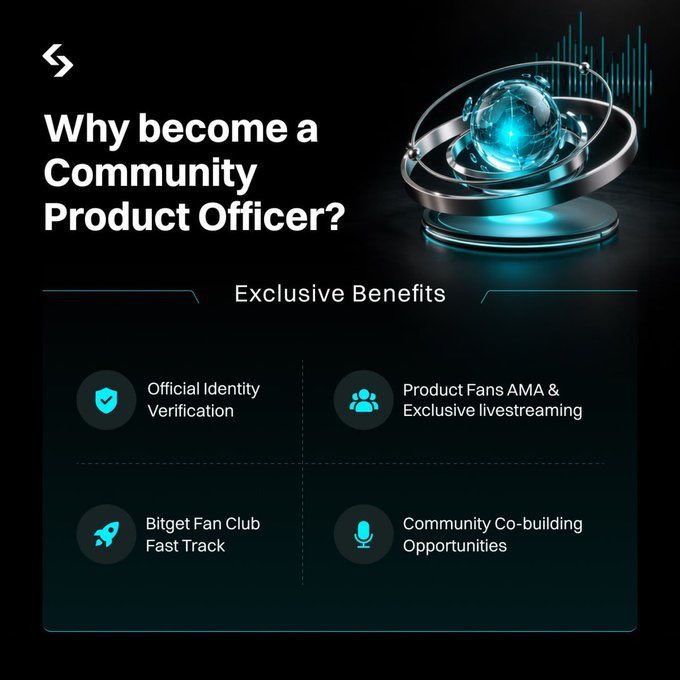 The post shows a blue globe on top of a black background surrounded by three circles, indicating a product officer project or campaign that is related to product officers. The text above the image reads "Why become a Community Product Officer?". This suggests that there may be an offer for individuals interested in becoming community product officers and mentions benefits like gaining access to exclusive projects.