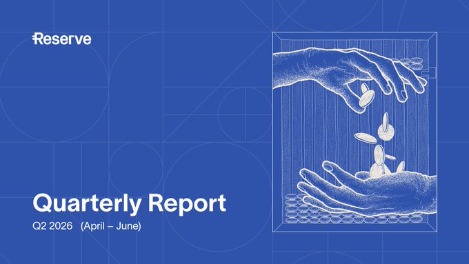 A blue cover design for 'Reserve Quarterly Report Q2 2026 (April – June)' featuring stylized line-art illustrations of hands catching falling coins.