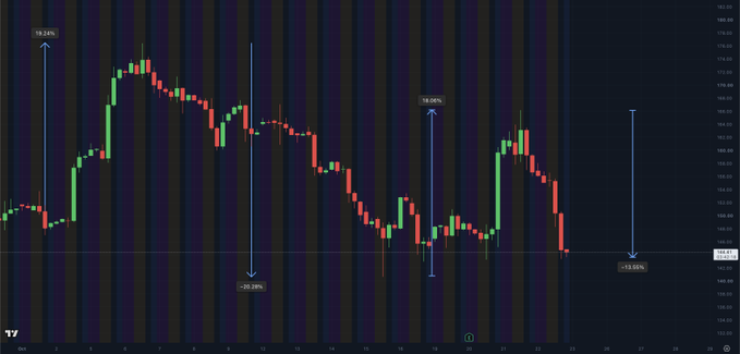 A dark candlestick chart shows highly choppy price action with four annotated swings: +19.52%, -20.28%, +18.04%, and -13.56%. The vertical scale and TradingView-style chart visually support the accompanying SpaceX volatility post.
