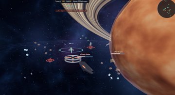 The image shows a space scene from the game "Sol Frontier," featuring a large reddish planet with prominent rings, various spacecraft, asteroids, and player markers scattered across a starfield backdrop. The visual elements directly support the post's description of a deep space PvE/PvP game, showcasing the expansive galaxy, multiple factions in territorial conflict, and the cosmic environment that players can explore before its mainnet launch on Solana.