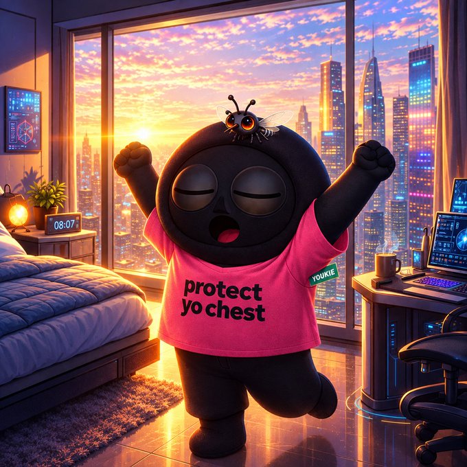 An illustration of a round, black character wearing a pink t-shirt reading 'protect yo chest' with a fly on its head, stretching with its eyes closed in a futuristic bedroom overlooking a sunset cityscape.