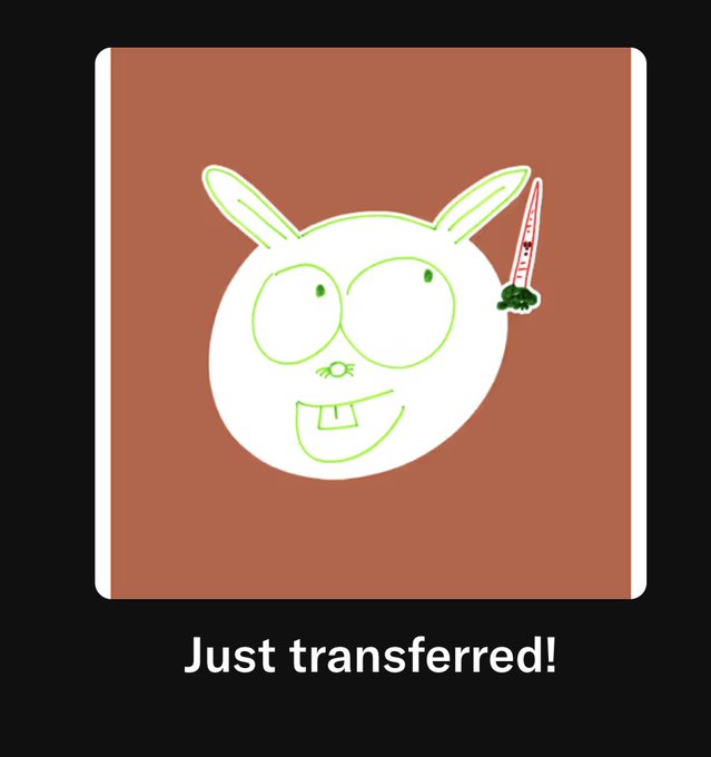 A digital graphic showing a white cartoon bunny face with buck teeth on a brown square background, captioned 'Just transferred!' at the bottom.