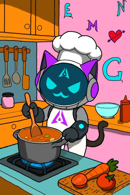 A cartoon illustration of a robotic cat character wearing a chef's hat and cooking stew in a kitchen, with 'EMNG' text decorated with a heart and arrow on a pink background, plus vegetables on a cutting board.