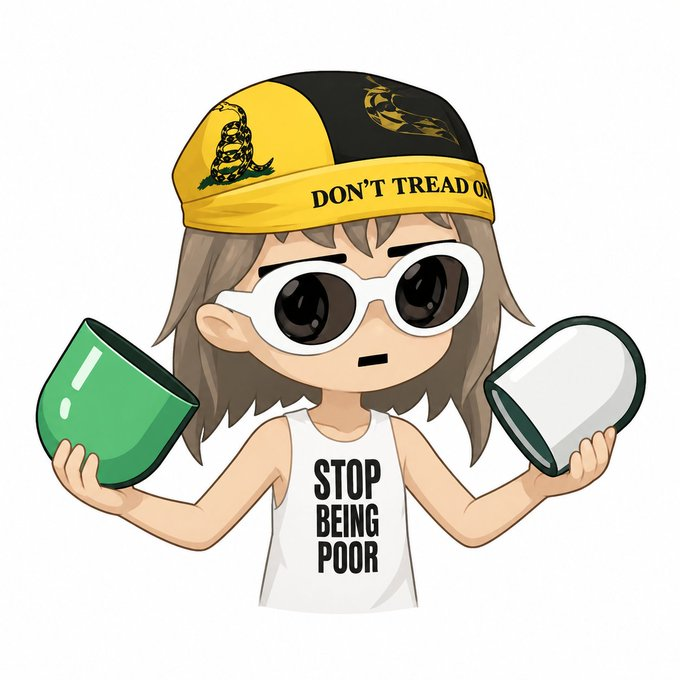 An anime-style chibi character with sunglasses wearing a 'Don't Tread On' Gadsden flag cap and a 'STOP BEING POOR' tank top, holding up two halves of a broken mug with a serious expression.