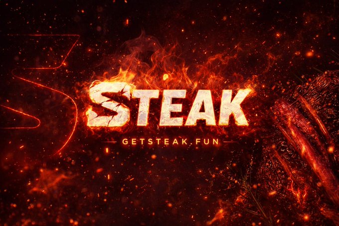 The image features a poster for a game called "Steak". The poster has a red background with white text that says "Steak" at the top, followed by "GetsafeFun" below it. Below this, there are two images of steak and a fire, creating an intense atmosphere. The bottom part of the poster includes a tagline that reads "Launch, stake, earn, and grow".