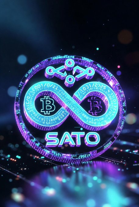 A neon-style 3D graphic featuring an infinity symbol with two Bitcoin "B" logos inside, surrounded by binary code, with the text "SATO" displayed prominently in glowing letters.