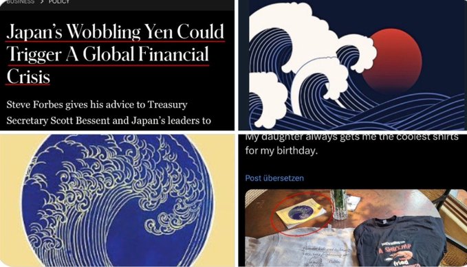 A collage including a Forbes article titled "Japan's Wobbling Yen Could Trigger A Global Financial Crisis" with Japanese wave artwork and a post captioned "My daughter always gets me the coolest shirts for my birthday."