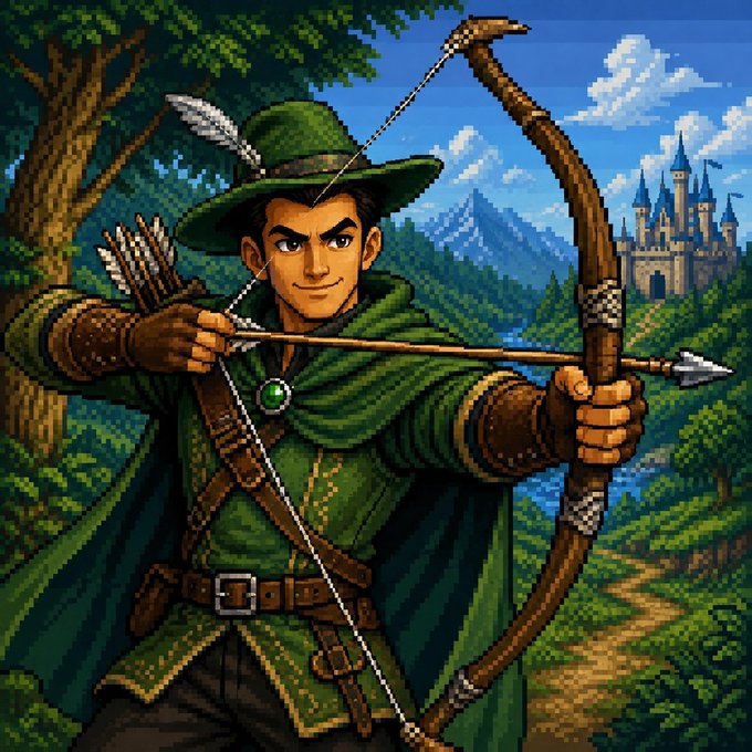 A pixel art illustration of Robin Hood drawing a bow and arrow, wearing a green hat and cape, with a castle visible in the background.