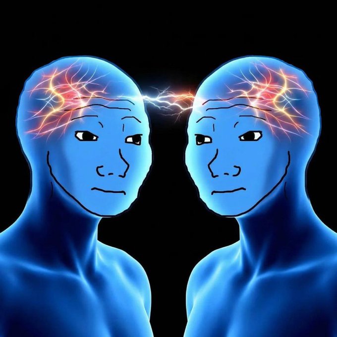 Two identical blue stylized human figures face each other against a black background, with glowing electricity arcing between their exposed, illuminated brains.
