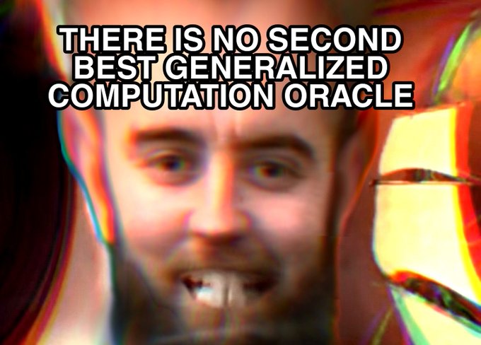 A distorted, glitchy image of a man's face with the overlaid text 'THERE IS NO SECOND BEST GENERALIZED COMPUTATION ORACLE.'