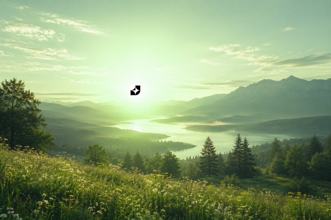 A serene landscape photograph showing a sunlit valley with a lake, surrounded by mountains and pine trees, with a small logo in the center.
