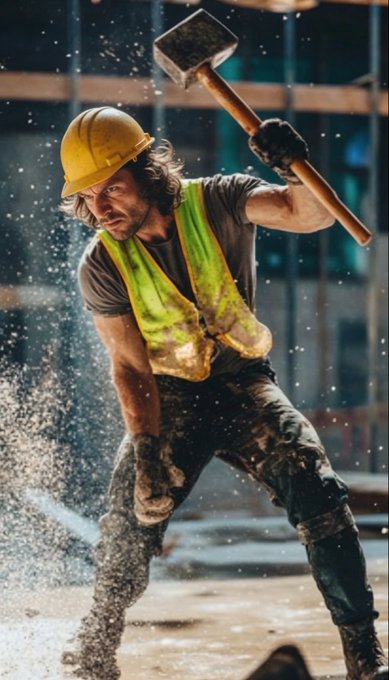 A construction worker in a yellow hard hat and neon safety vest swings a large sledgehammer, sending water spraying around him in an action-packed scene.