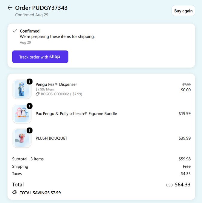 Shop order confirmation page for Order PUDGY37343 showing three items: Pengu Pez Dispenser, Pax Pengu & Polly schleich Figurine Bundle, and PLUSH BOUQUET, with a total of USD $64.33.