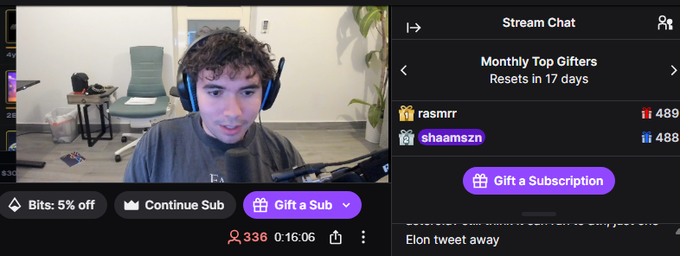A Twitch streamer is shown alongside a Stream Chat displaying "Monthly Top Gifters" where "rasmrr" leads with 489 gifts, followed closely by "shaamszn" with 488, illustrating the close competition mentioned in the caption about being "band for band" on the Insentos stream.