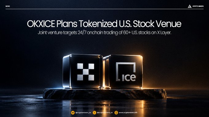 A promotional graphic with a dark background titled 'OKX | ICE Plans Tokenized U.S. Stock Venue', detailing a joint venture for 24/7 onchain trading of 60+ U.S. stocks on X Layer. The Crypto Rangers logo is in the top right, and two metallic cubes displaying OKX and ICE logos sit on a stone base.