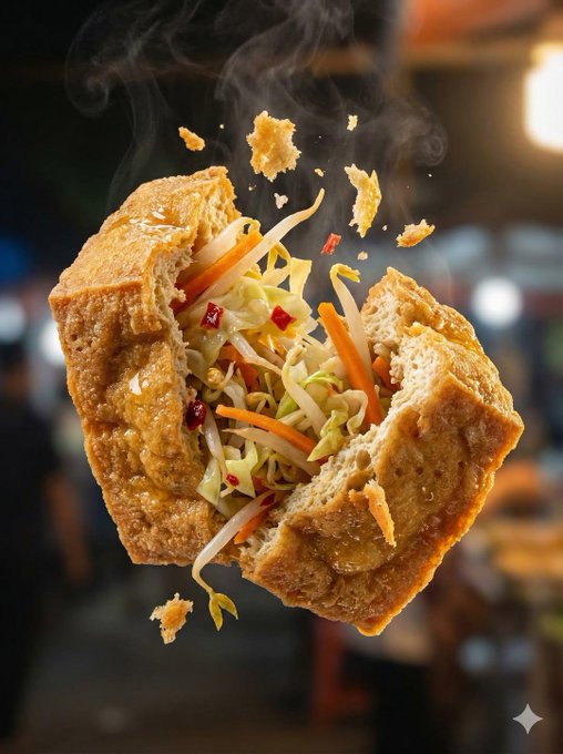A stylized image of a tofu sandwich splitting open to reveal a vibrant filling of shredded cabbage and carrots, with crumbs floating in the air and steam rising against a blurred market background.