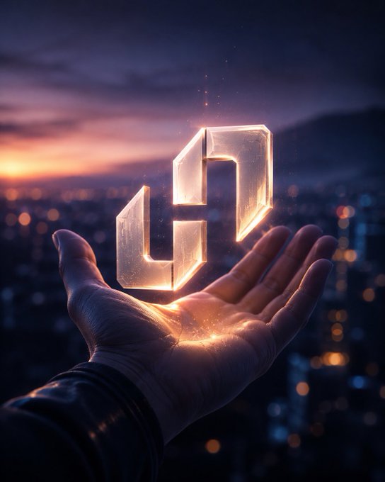 A digital artwork showing a glowing, geometric 'JD' logo hovering above an open hand against a sunset cityscape background.