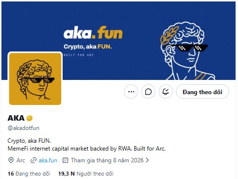 A social media profile for 'AKA' (@akadotofun) on a blue background, described as 'Crypto, aka FUN. MemeFi internet capital market backed by RWA. Built for Arc.', showing a classical bust wearing pixel sunglasses.