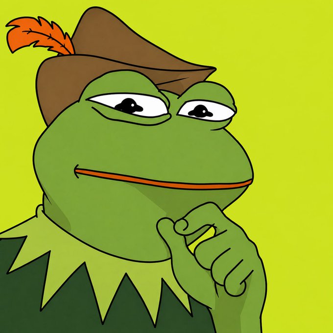 A cartoon illustration of Kermit the Frog wearing a brown hat with an orange feather, posing thoughtfully with his hand on his chin against a yellow-green background.