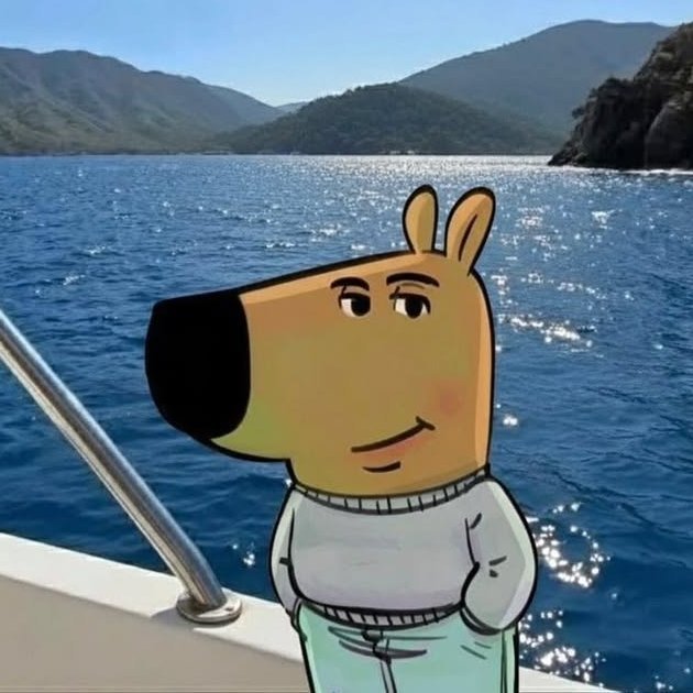 A cartoon-style anthropomorphic dog character wearing a white sweater and light blue pants, superimposed onto a photograph of a sunny seascape viewed from a boat, with mountains in the background.