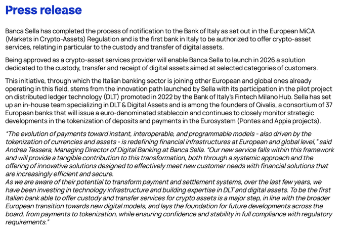 The image shows a document titled "Press Release" with text written in white, which appears to be an announcement or press release from a bank named Banca Sella. The content of the document discusses the bank's approval for Bitcoin and crypto custody services, indicating that they are now offering these services as part of their offerings.

The image also contains some text about Italian banks getting approved by the European Banking Authority to offer Bitcoin and crypto custody services. This information is likely related to the bank's decision to provide such services in response to the growing popularity of cryptocurrencies like Bitcoin.