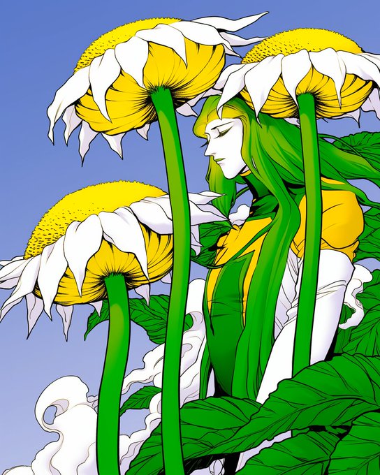 A vibrant anime-style illustration of a green-haired woman integrated with large sunflowers, set against a blue sky with white clouds.