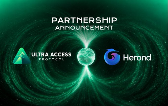 A partnership announcement graphic featuring "Ultra Access Protocol" and "Herond" logos on either side of a glowing green energy burst, illustrating the collaboration between the two Web3 projects described in the post.