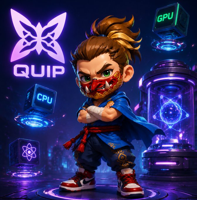A stylized 3D chibi character of a martial artist with a red mask and blue outfit, surrounded by glowing cubes labeled 'CPU', 'GPU', and 'QUIP' branding.