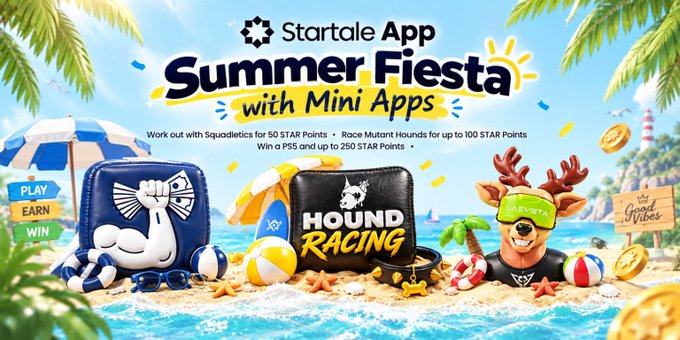 A promotional banner reads 'Startale App Summer Fiesta with Mini Apps' featuring cartoon characters, beach items, and text about earning STAR Points.