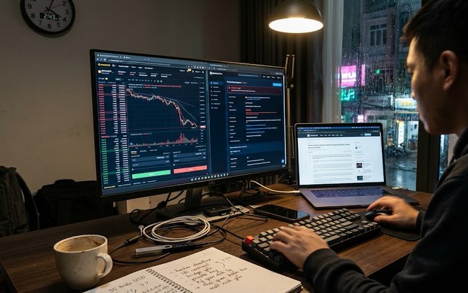 A person working at a computer setup at night, with a monitor displaying crypto trading charts and a laptop showing a webpage, alongside a notebook and coffee mug.