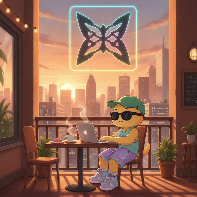 An illustrated scene of a yellow character wearing a green cap and sunglasses, sitting at a cafe table with a laptop and coffee, with a neon butterfly sign in the window and a city skyline at sunset in the background.
