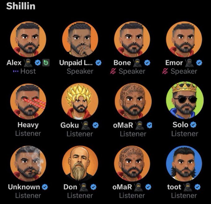 A Discord server called "Shillin" displaying a grid of member avatars including usernames like Alex (Host), Unpaid L..., Bone, Emor, Heavy, Goku, oMaR, Solo, Unknown, Don, and toot, all set as Speakers or Listeners.