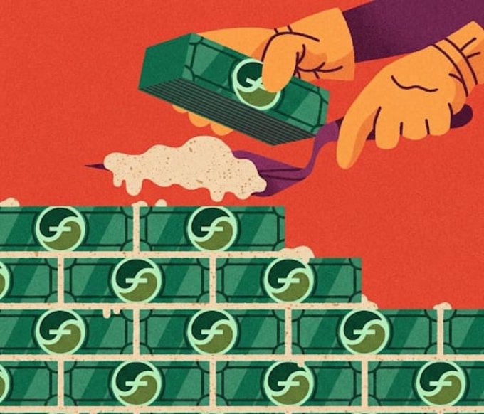An illustration on a red background shows hands stacking green bricks marked with a circular 'S' symbol, laying mortar between them like a wall.