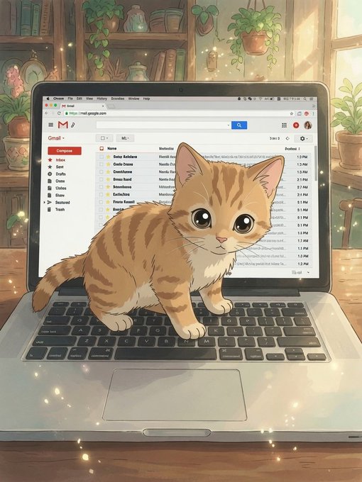 An adorable orange tabby kitten sits on the keyboard of a laptop displaying Gmail, with a candidate list of names and contact details visible on screen—playfully illustrating the curation of an airdrop recipient list after filtering out low-quality and non-following accounts. The whimsical, pixel-art style scene adds charm to the technical task of organizing eligible participants.