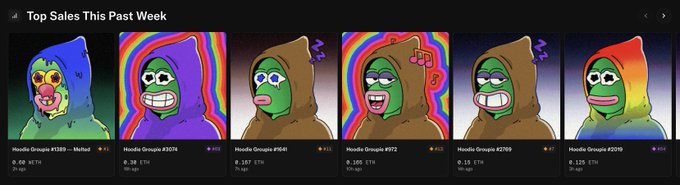 A Top Sales This Week NFT ranking featuring several Hoodie Groups Pepe characters, with prices in ETH and rarity rankings from #3189 to #2099.