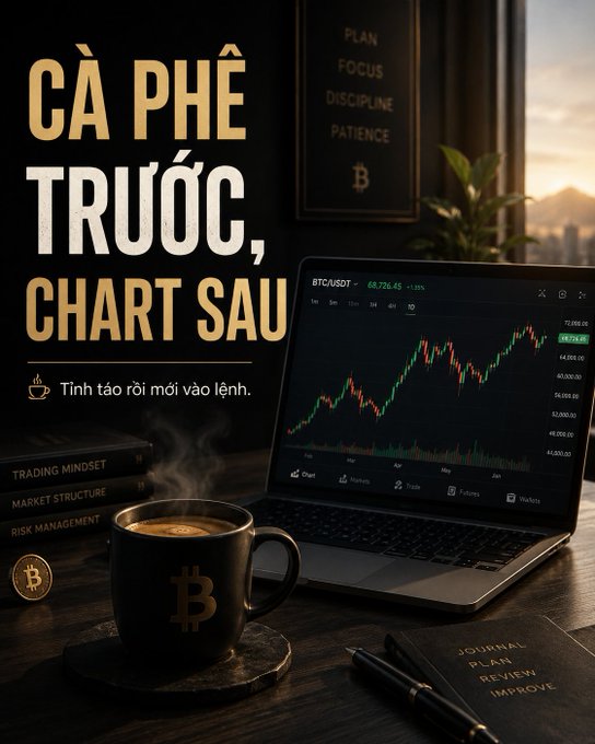 A motivational poster in Vietnamese reading 'CÀ PHÊ TRƯỚC, CHART SAU' (Coffee first, charts later) alongside an image of a steaming coffee mug and a laptop displaying a BTC/USDT trading chart.