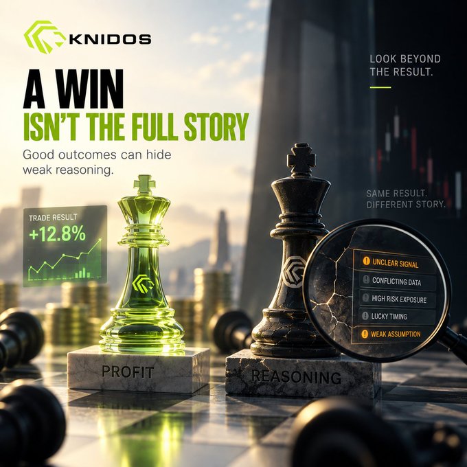 An advertisement for KNIDOS with the headline 'A WIN ISN'T THE FULL STORY,' using chess pieces to illustrate how good outcomes can hide weak reasoning, featuring a 'TRADE RESULT +12.8%' and warning signs like 'UNCLEAR SIGNAL' and 'WEAK ASSUMPTION'.