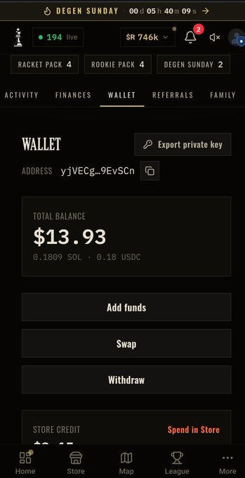 A mobile app wallet screen displays a total balance of $13.93 (0.1809 SOL, 0.18 USDC) with options to Add funds, Swap, or Withdraw, under a 'DEGEN SUNDAY' header.