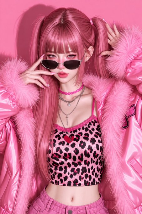 A pink-haired anime-style girl in a fluffy pink coat, leopard print crop top, and cat-eye sunglasses strikes a stylish pose, perfectly matching the upbeat "gm frens, have a great friday" vibe with her vibrant, playful energy.