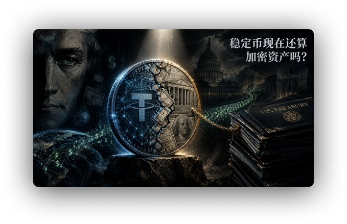 A dramatic illustration of Tether (USDT) cryptocurrency featuring a large stylized coin alongside a portrait, US Treasury documents, and the U.S. Capitol, with Chinese text asking whether stablecoins are still considered encrypted assets.