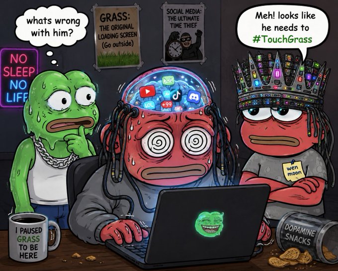 The image features a cartoon scene with three cartoon frogs sitting around a laptop computer, which has a green screen displaying social media feeds. The frog on the left side of the image appears to be contemplating something or pondering over an idea while the other two frogs are engaged in using the laptop. In addition to the main characters, there is also a person depicted in the scene who seems to be observing the situation.

The post that accompanies this image reads: "GM legends It' s the weekend Don't forget to go outside & #TouchGrass @XTouchGrass $TOUCHGRASS". This message encourages viewers to take time outdoors and appreciate nature, as well as reminding them of the importance of connecting with their surroundings.