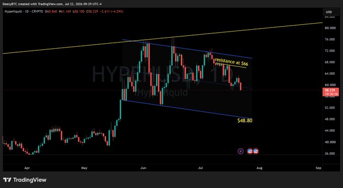 A TradingView candlestick chart for Hyperliquid (HYPE/USD) showing a falling wedge pattern with resistance at $66 and support at $48.80, dated July 22, 2024.