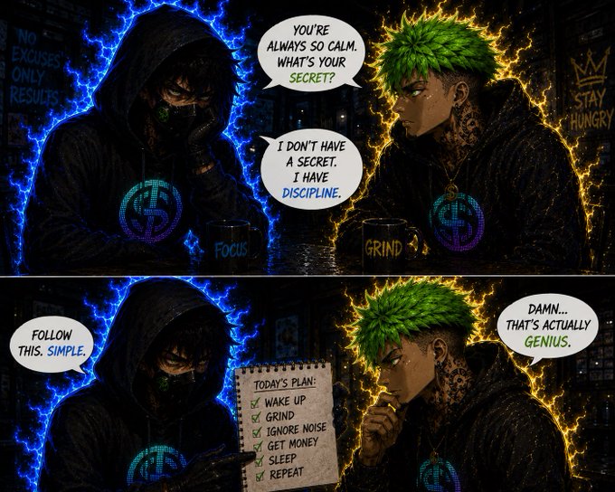 A four-panel comic illustration features two characters, one in a hood with blue lightning effects and another with green hair surrounded by yellow energy, discussing discipline and daily routines.