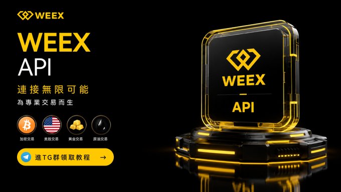 The image features a black background with a yellow square that says "WEEX API" written in white letters. The square also includes three different logos, one of which is a Bitcoin symbol. Below the square, there's text that reads "WEEX API", and at the bottom right corner, there are two more logos - one for the United States and another for China.