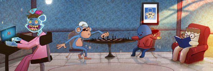An animated scene shows various animal characters in a room, including a blue monkey playing chess and a blue character on a laptop labeled 'AI'.
