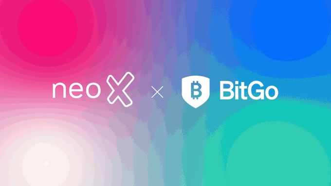 A promotional graphic featuring the 'neo X' and 'BitGo' logos together against a colorful gradient background of pink, blue, and teal.