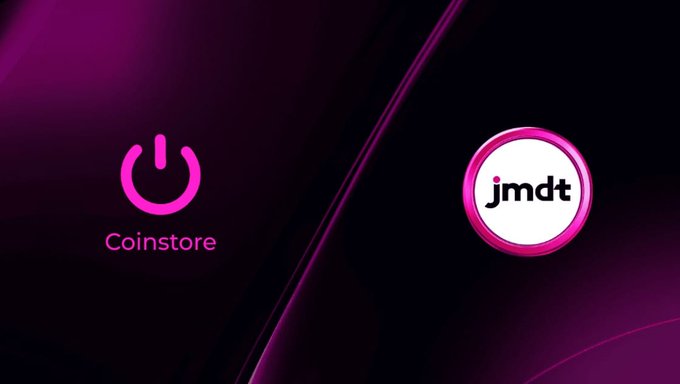 A Coinstore logo paired with the "jmdt" (Jupiter Meta Data Token) badge against a dark purple background, visually announcing JMDT's partnership or listing on Coinstore alongside the post's discussion of their privacy-focused blockchain infrastructure using Zero-Knowledge Proofs.