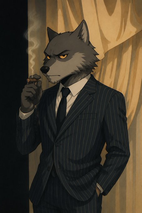 An illustration of an anthropomorphic wolf wearing a pinstripe suit and tie while smoking a cigar. The sophisticated and confident image serves as a humorous contrast to the user's claim of having a $0 profit and loss.